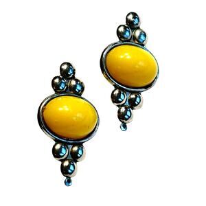 Pierced earrings unique dimensional silver & yellow faux stone disks medallions